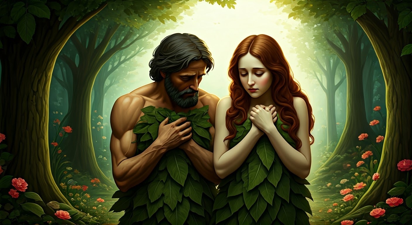 Adam and Eve, naked and ashamed in the garden of eden
